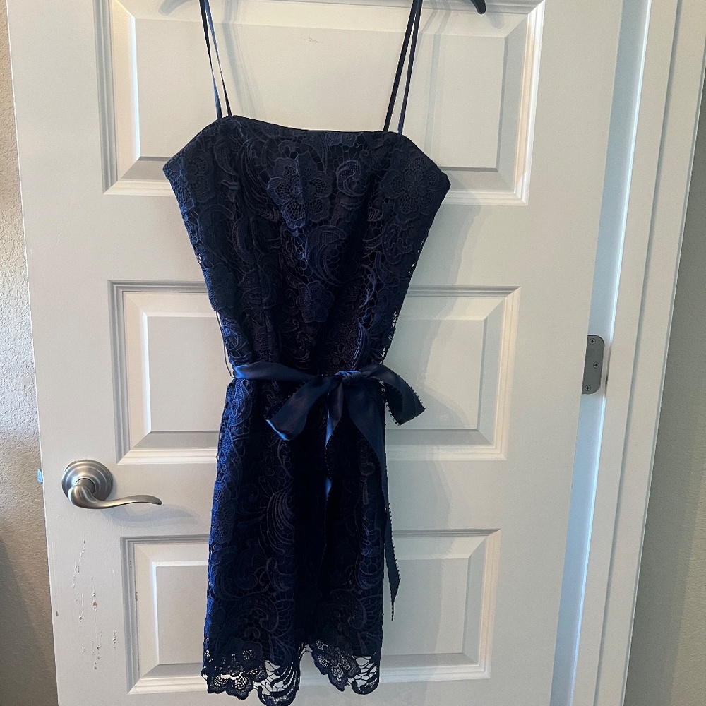 Adrianna Papell Evening Strapless Navy Lace Dress with Satin Bow